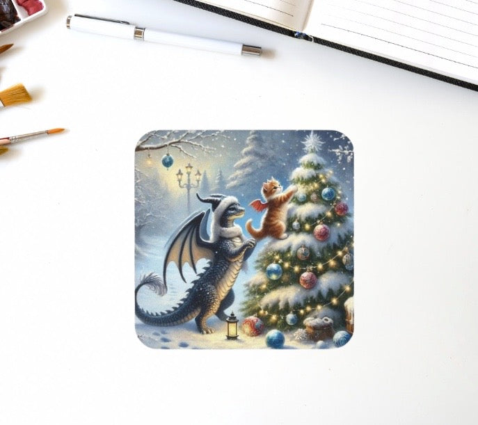 Fantasy Holiday Decor -Dragon Kitten Lover - High Gloss Drink Coaster   