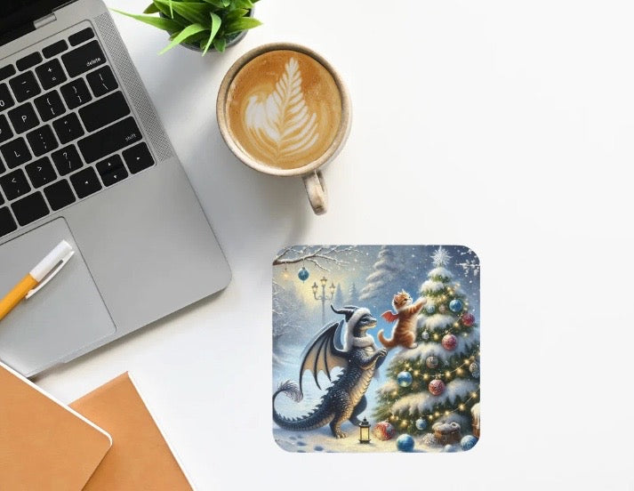 Fantasy Holiday Decor -Dragon Kitten Lover - High Gloss Drink Coaster   