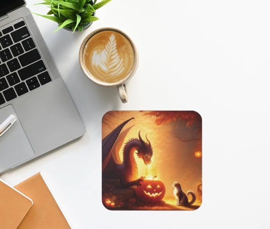 Dragon Jack-O-Lantern Lighting - Cat Lover Halloween Decor  - High Gloss Drink Coaster   