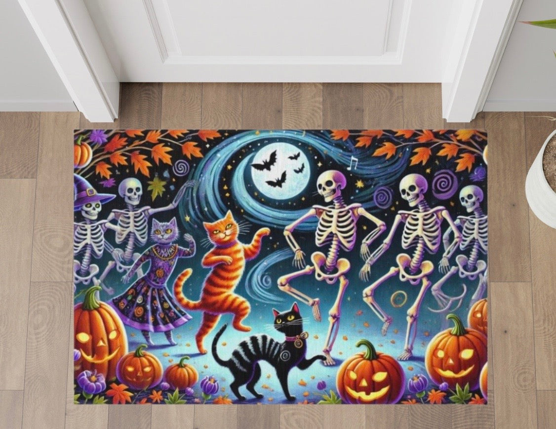 Dancing Skeletons - Cat Lover Halloween Decor- Indoor/Outdoor Rug   