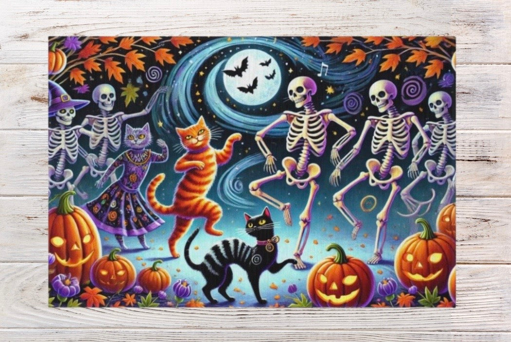 Dancing Skeletons - Cat Lover Halloween Decor- Indoor/Outdoor Rug   