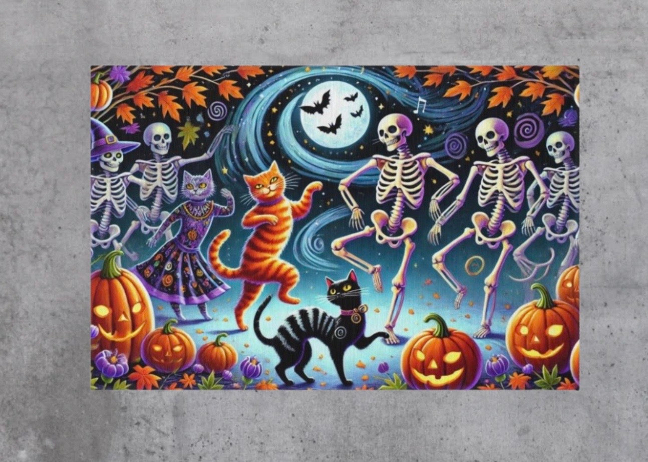 Dancing Skeletons - Cat Lover Halloween Decor- Indoor/Outdoor Rug   