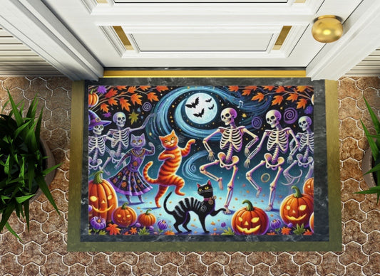 Dancing Skeletons - Cat Lover Halloween Decor- Indoor/Outdoor Rug   