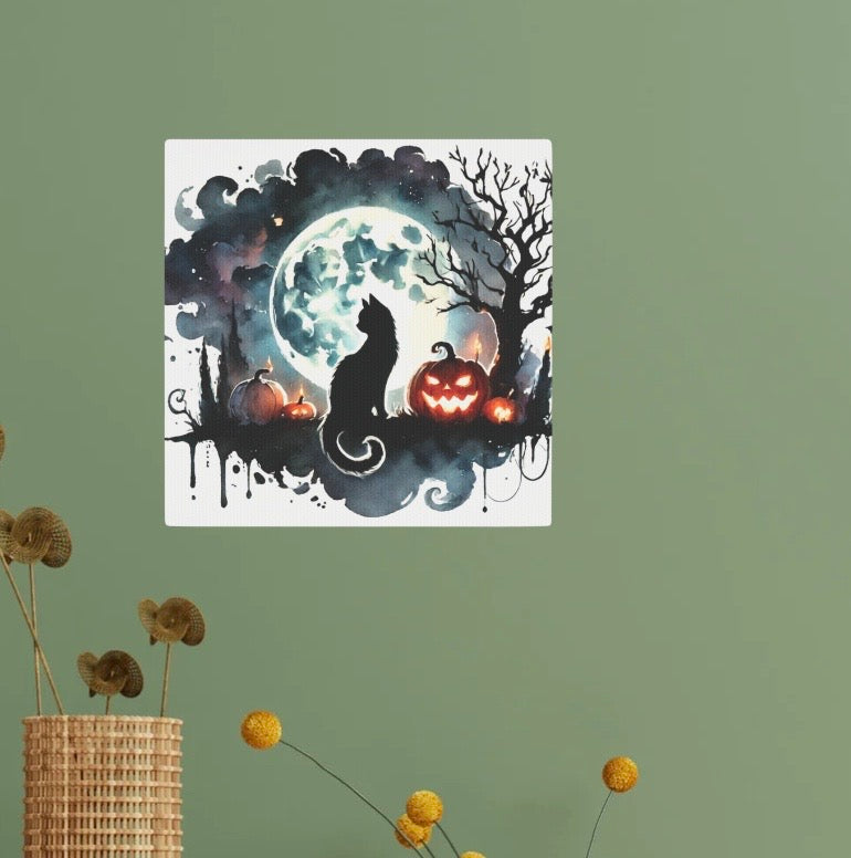 Halloween - Black Cat Full Moon - Wall Art Decor 8x8   