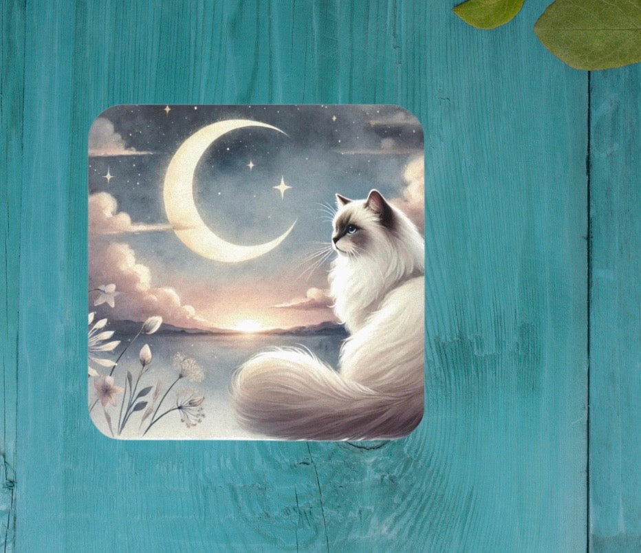 Celestial Moon - Cat Lover Ragdoll - High Gloss Drink Coaster   