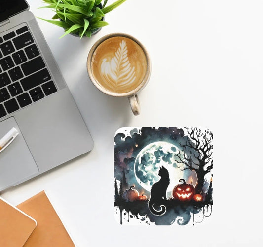 Halloween Decor - Black Cat Full Moon - High Gloss Drink Coaster   