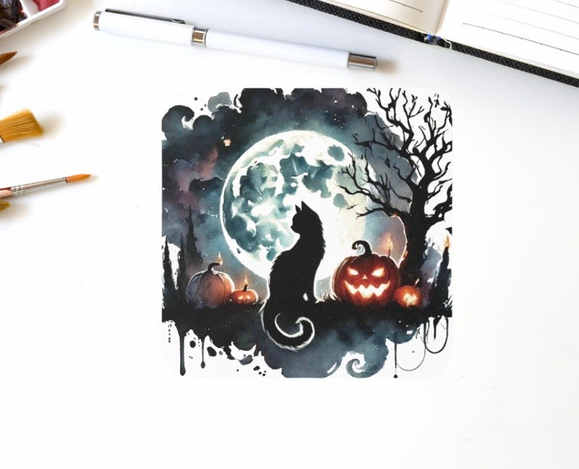 Halloween Decor - Black Cat Full Moon - High Gloss Drink Coaster   