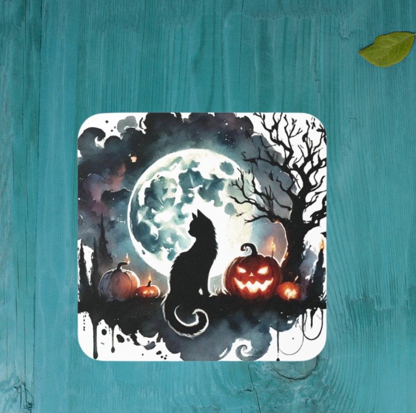 Halloween Decor - Black Cat Full Moon - High Gloss Drink Coaster   