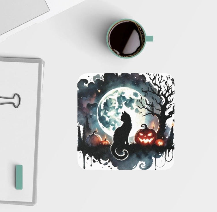 Halloween Decor - Black Cat Full Moon - High Gloss Drink Coaster   