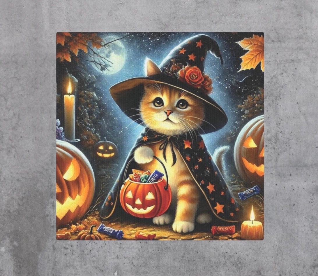 Halloween Decoration -  Orange Cat Witch Trick or Treating - Wall Art Decor 8x8   