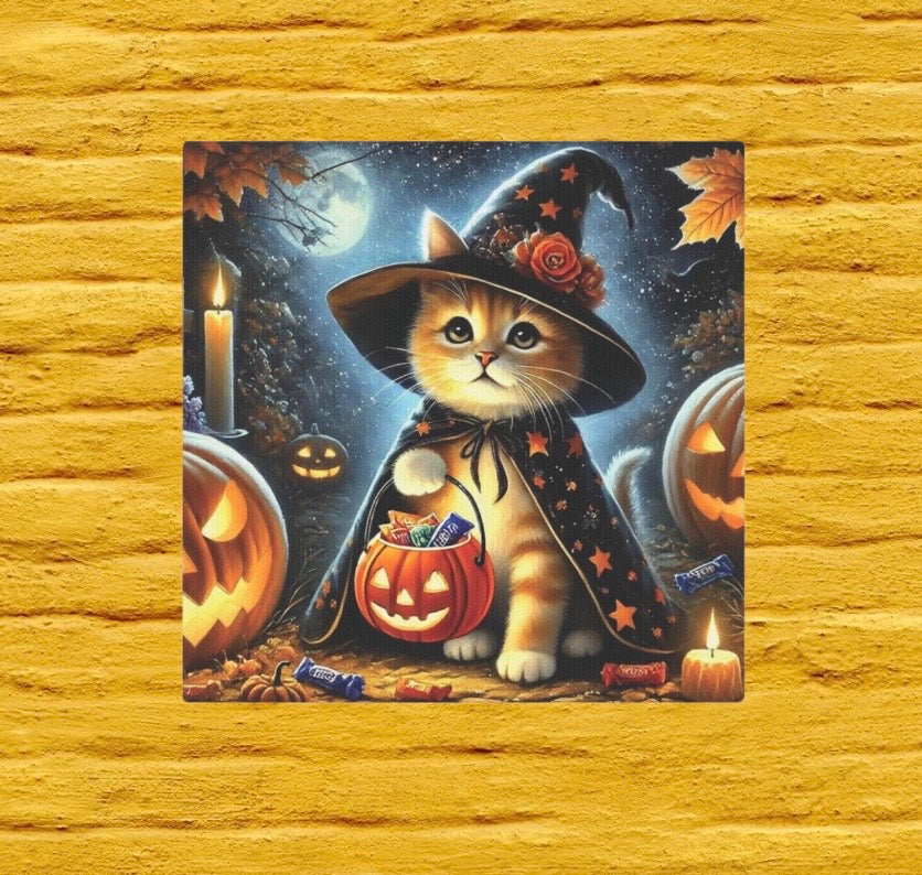 Halloween Decoration -  Orange Cat Witch Trick or Treating - Wall Art Decor 8x8   