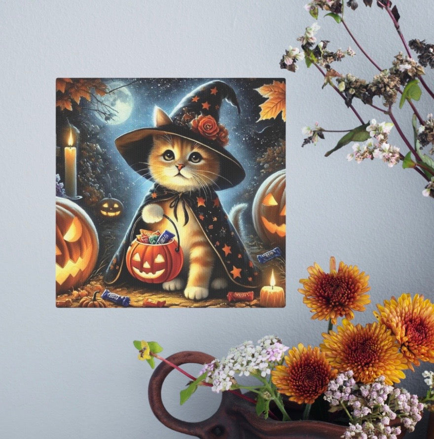 Halloween Decoration -  Orange Cat Witch Trick or Treating - Wall Art Decor 8x8   