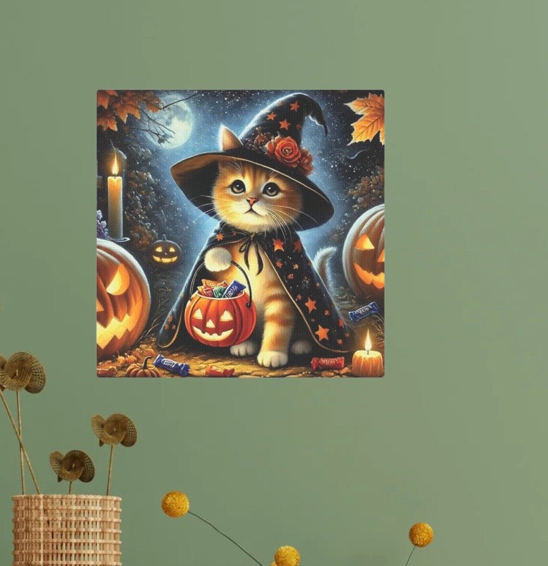 Halloween Decoration -  Orange Cat Witch Trick or Treating - Wall Art Decor 8x8   