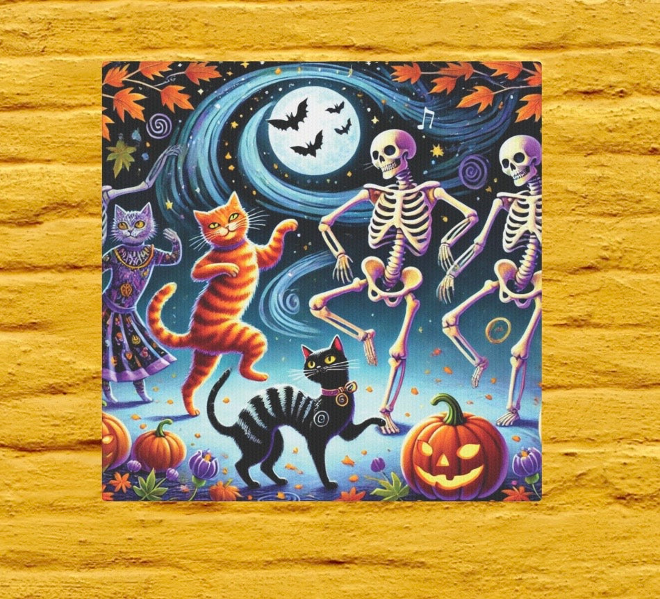 Skeleton Dance - Cat Lover - Wall Art Decor 8x8 - Halloween Decor   