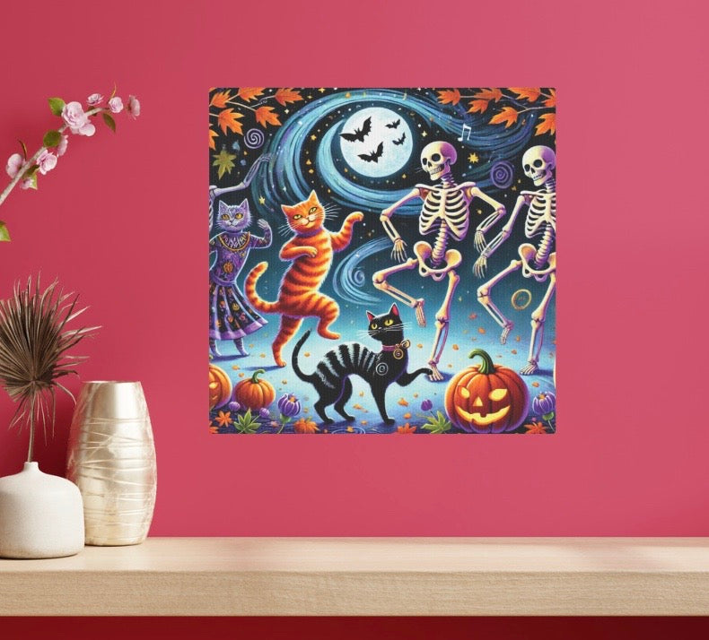 Skeleton Dance - Cat Lover - Wall Art Decor 8x8 - Halloween Decor   