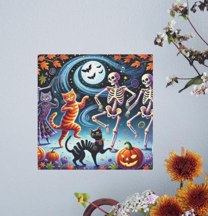 Skeleton Dance - Cat Lover - Wall Art Decor 8x8 - Halloween Decor   