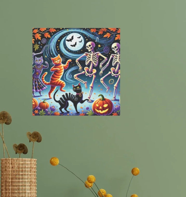 Skeleton Dance - Cat Lover - Wall Art Decor 8x8 - Halloween Decor   