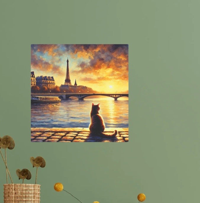 Paris River Sunset - Cat Lover - Wall Art Decor   