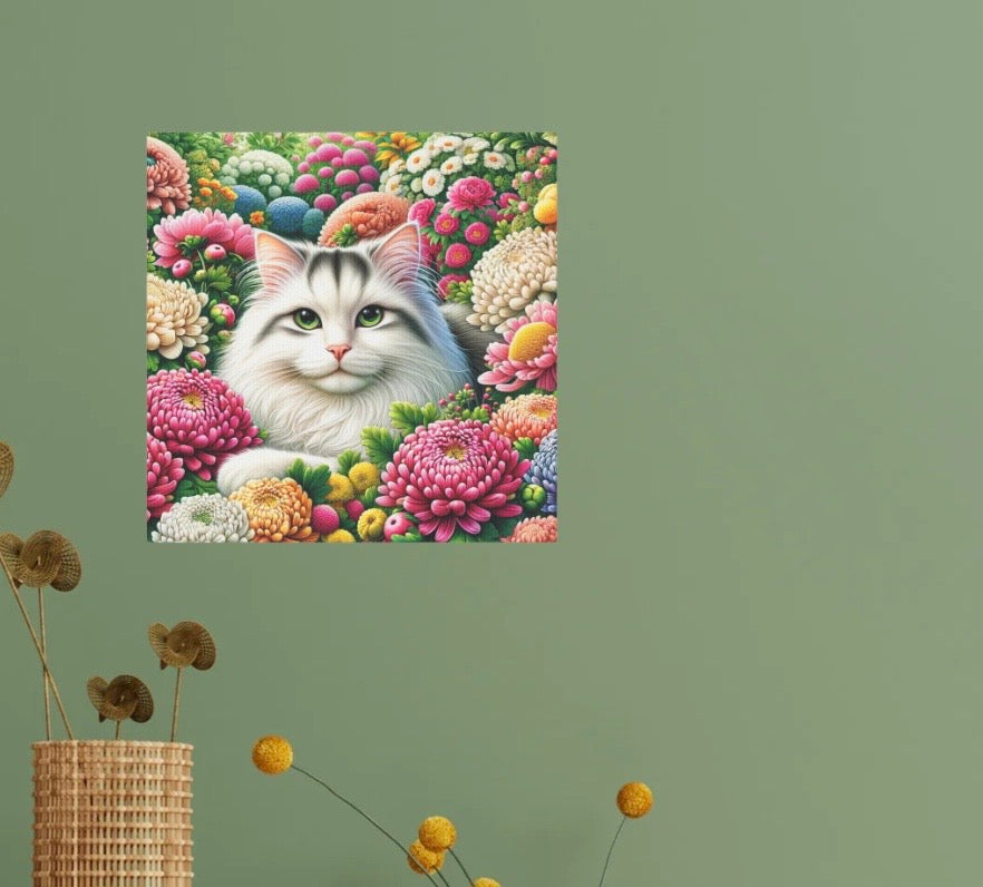 November Birth Flower Chrysanthemums - Cat Lover - Wall Art Decor   