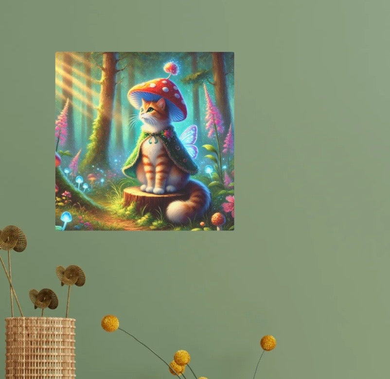 Mushroom Magic - Orange Cat Fairy - Wall Art Decor   