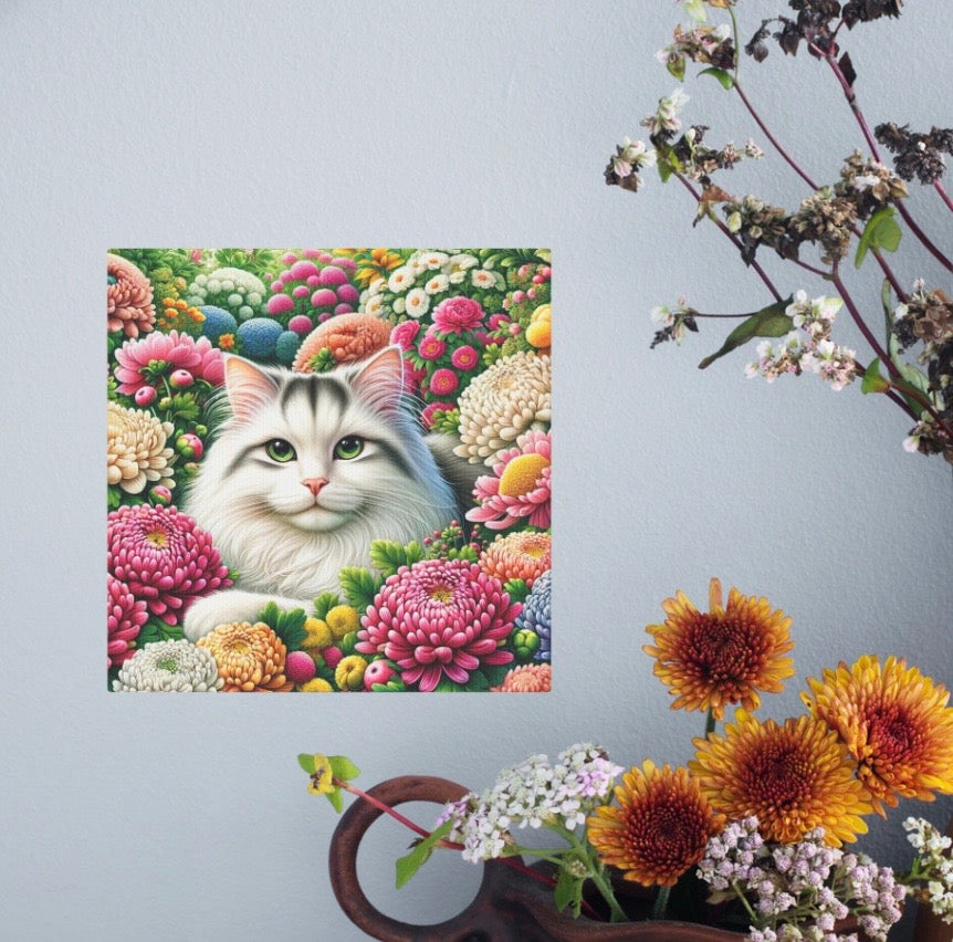 November Birth Flower Chrysanthemums - Cat Lover - Wall Art Decor   