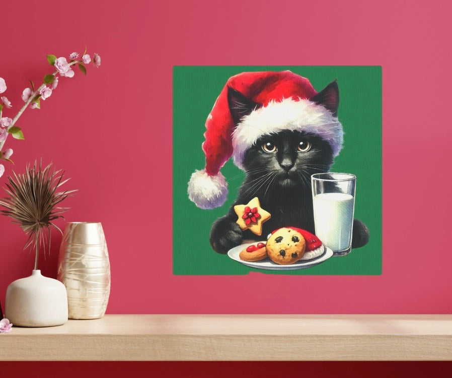 Santa Hat and Cookies - Black Cat Lover - Christmas Wall Art Decor   