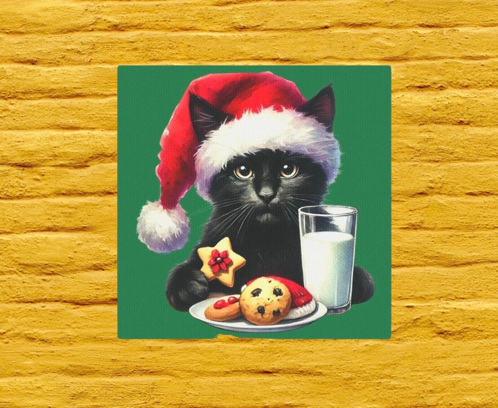 Santa Hat and Cookies - Black Cat Lover - Christmas Wall Art Decor   