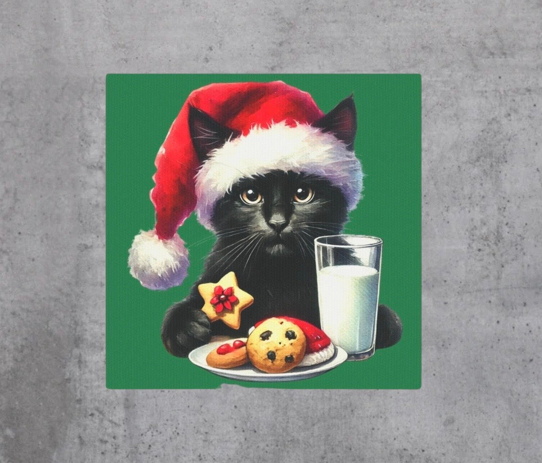 Santa Hat and Cookies - Black Cat Lover - Christmas Wall Art Decor   