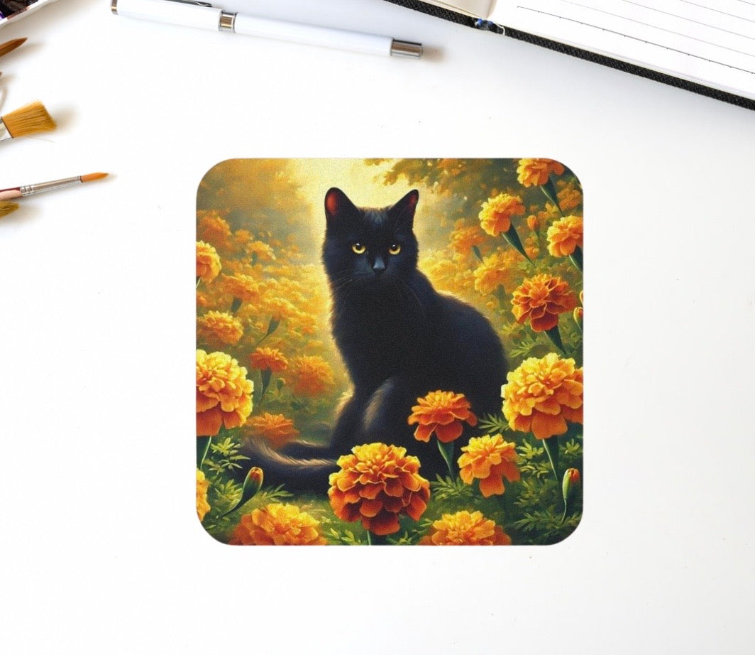 October Birth Flower - Marigold - Cat Lover Coaster   