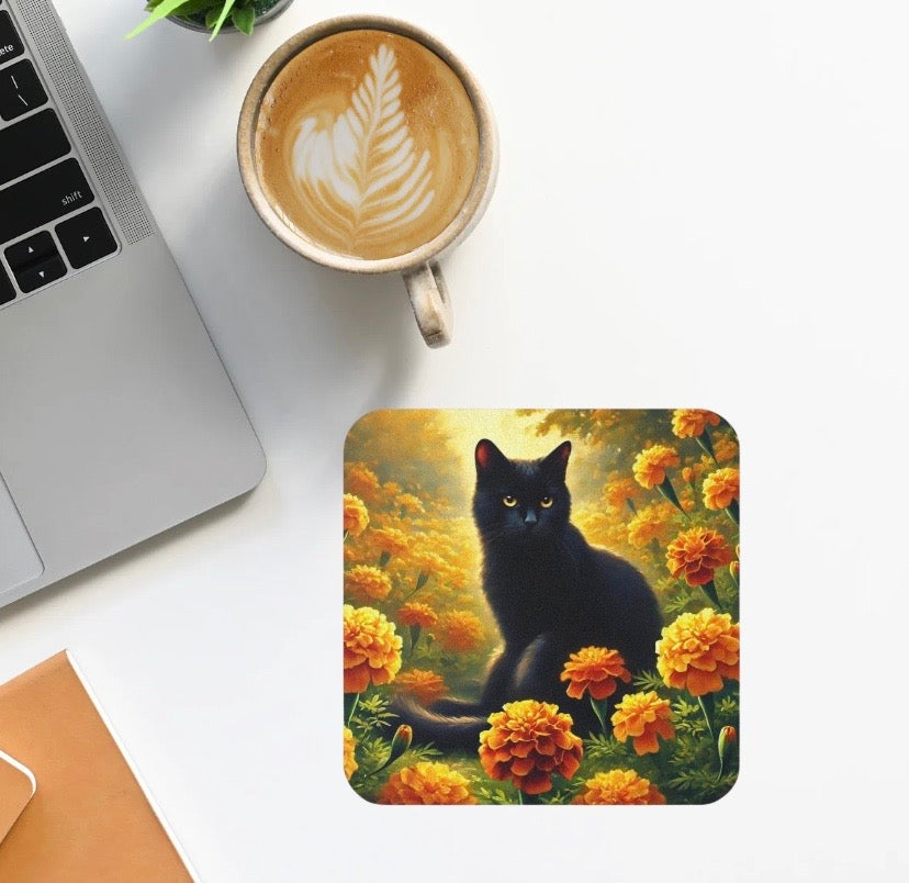 October Birth Flower - Marigold - Cat Lover Coaster   