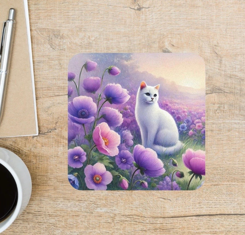 February Birth Flower - Violets - Cat Lover - Drink Coaster   