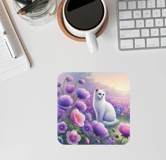 February Birth Flower - Violets - Cat Lover - Drink Coaster   