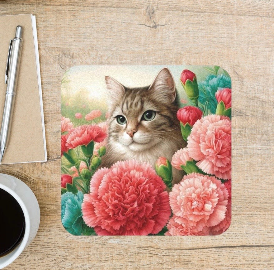 January Birth Flower - Carnation - Cat Lover - Drink Coaster   