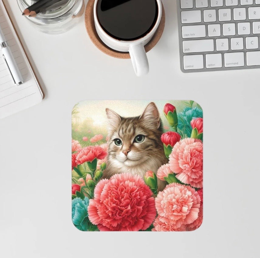 January Birth Flower - Carnation - Cat Lover - Drink Coaster   