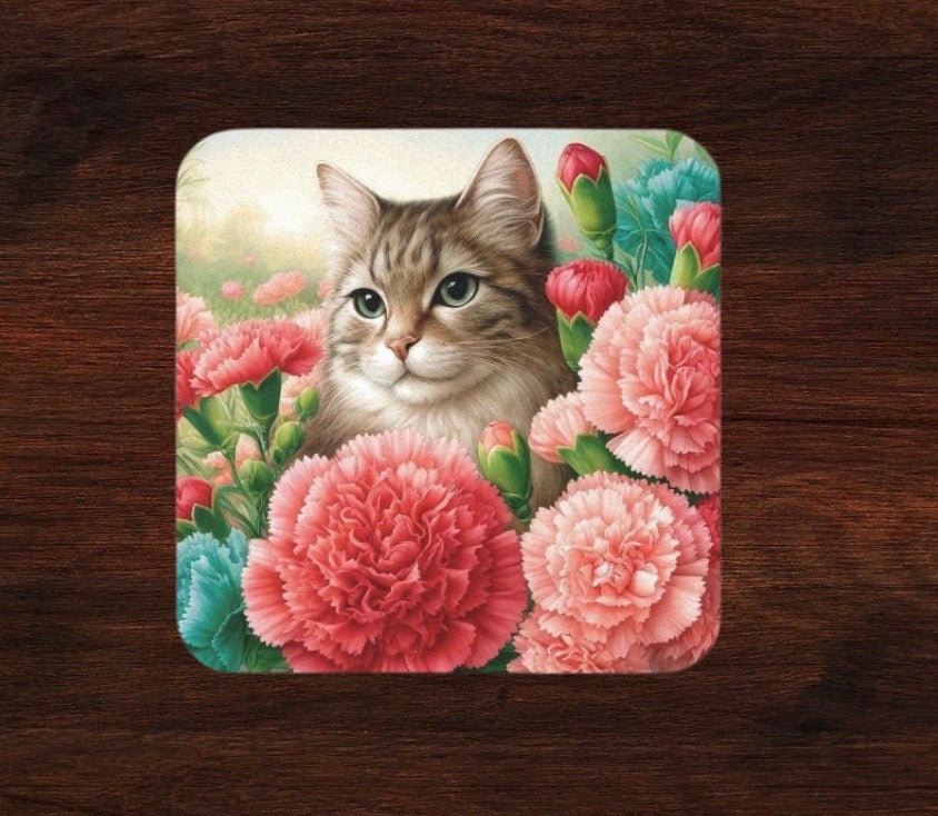 January Birth Flower - Carnation - Cat Lover - Drink Coaster   