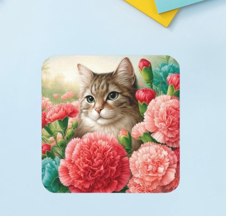 January Birth Flower - Carnation - Cat Lover - Drink Coaster   