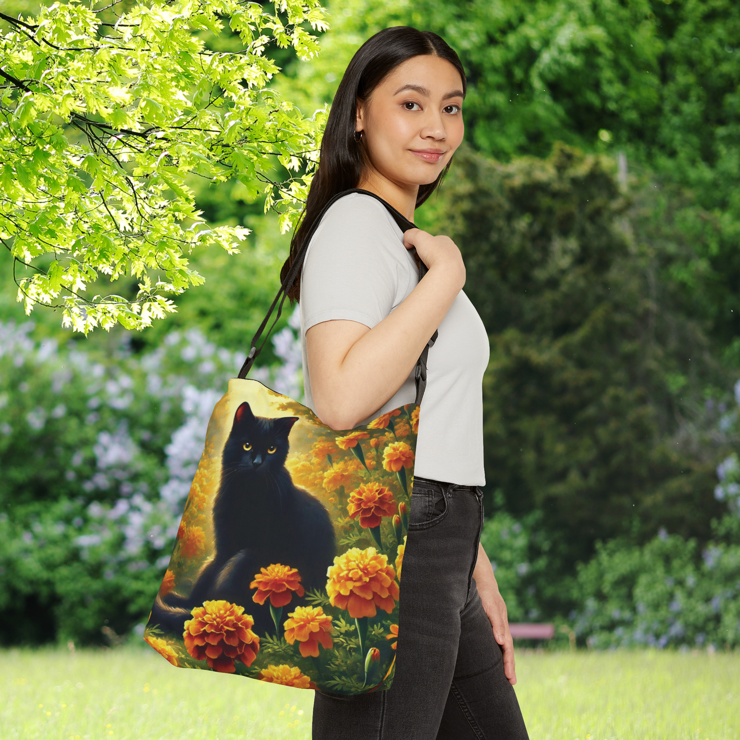 October Birth Flower - Marigolds - Cat Lover - Adjustable Strap Tote Bag   