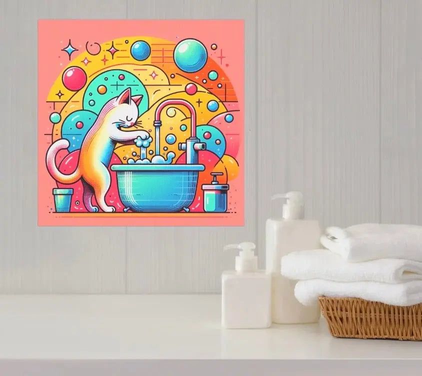 Bathroom Hand Wash Wall Art - Cat Lover Decor - Canvas