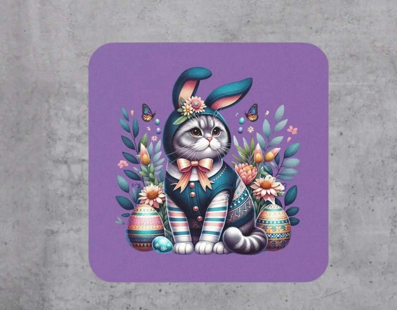 Blue Cat Easter Bunny - Coaster - Easter Decor - Purple - Home Decor