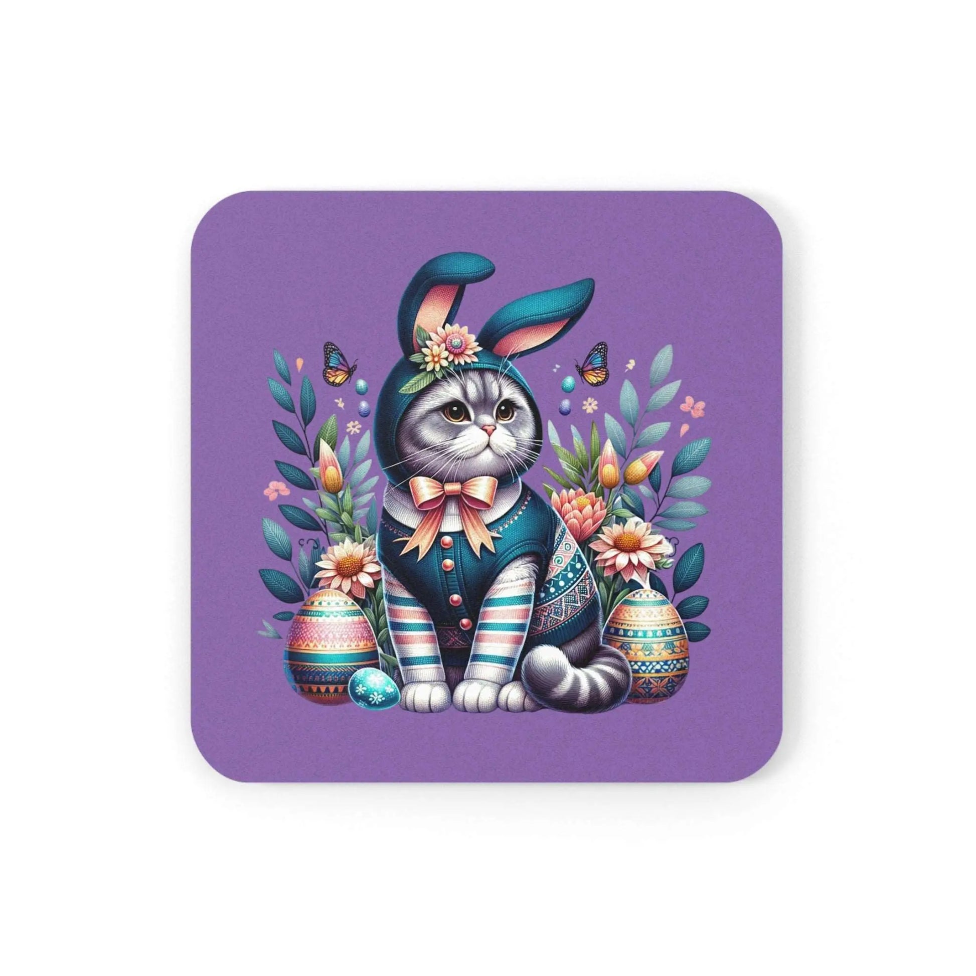 Blue Cat Easter Bunny - Coaster - Easter Decor - Purple - Home Decor