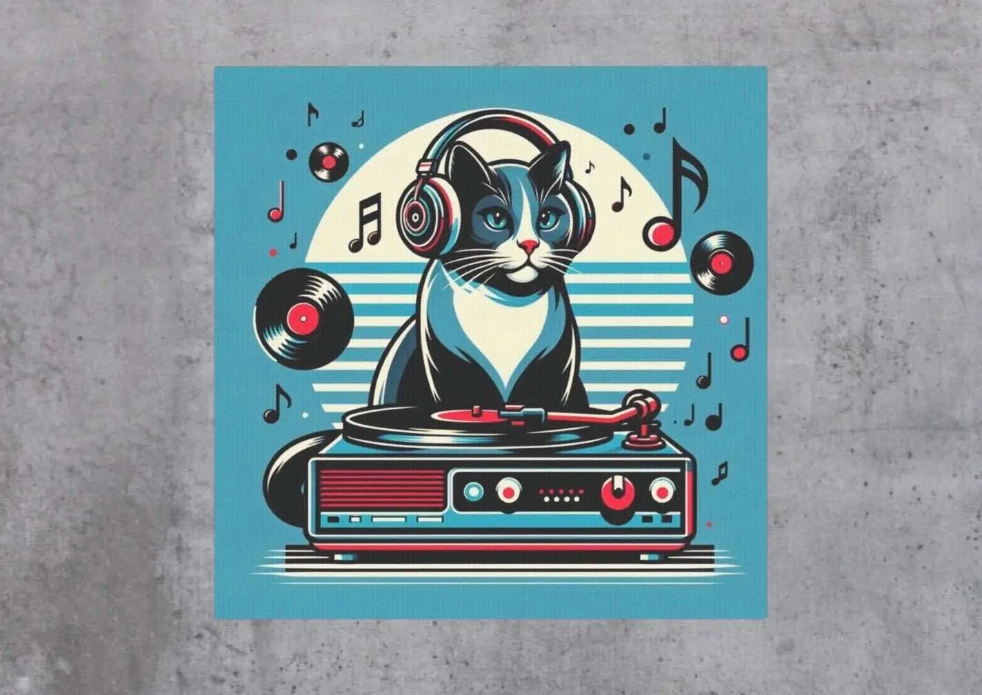 Blue Vinyl Cat DJ - Kitchen Wall Art Decor - Canvas