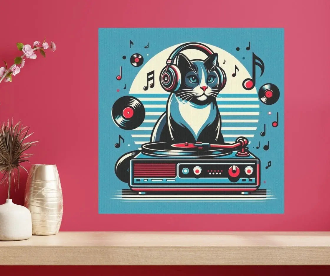 Blue Vinyl Cat DJ - Kitchen Wall Art Decor - Canvas