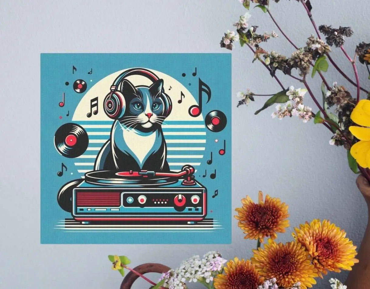 Blue Vinyl Cat DJ - Kitchen Wall Art Decor - Canvas