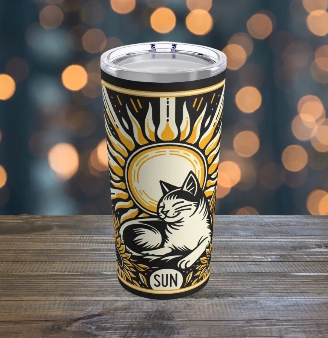 Cat Sun Tarot - Travel Cup - Stainless Steel Tumbler With Lid - Black - Mug