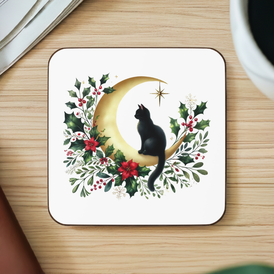 Winter Moon - Cat lover - Hardboard Back Coaster   