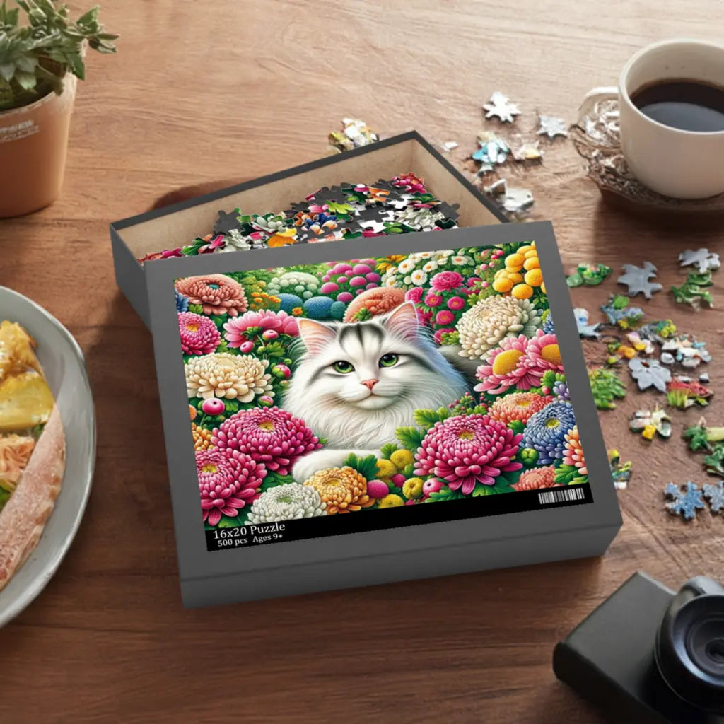 November Birthday Flower Puzzle - Chrysanthemum and Peony - Cat Lover Gift -120-piece- 252-piece- or 500-piece - Montecore PawPrints