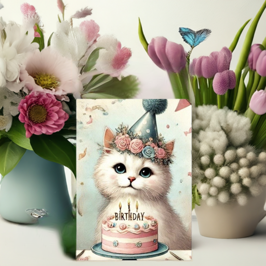 Vintage Cat Lover - Pack of 10 Blank Birthday Greeting Cards   