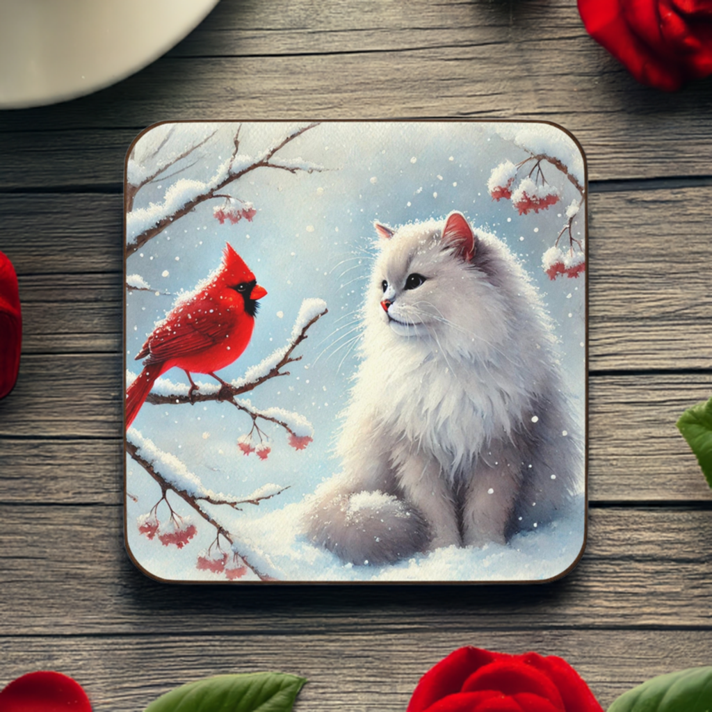 Winter Cardinal - Cat lover - Hardboard Back Coaster   