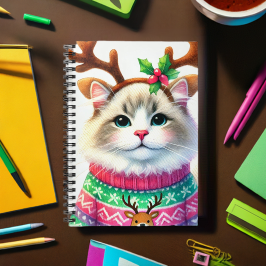 Cat Reindeer - Christmas Spiral Notebook - Ruled Line   