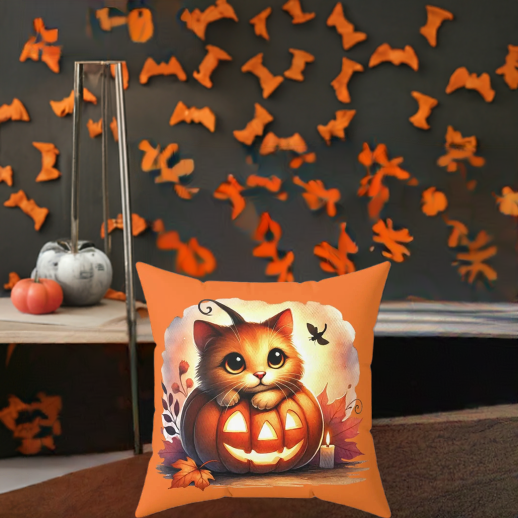 Kitten Jack-O-Lantern - Halloween Spun Polyester Square Pillow   